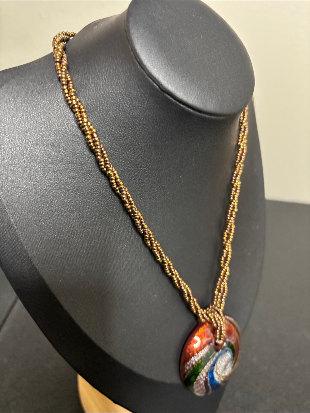 Vintage Multicolor Swirl Dichroic Glass Pendant Necklace Brown Beaded Strand - Picture 5 of 8